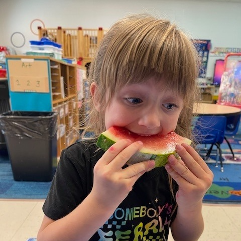 A young girl, eating watermelon with a classroom as a background. 