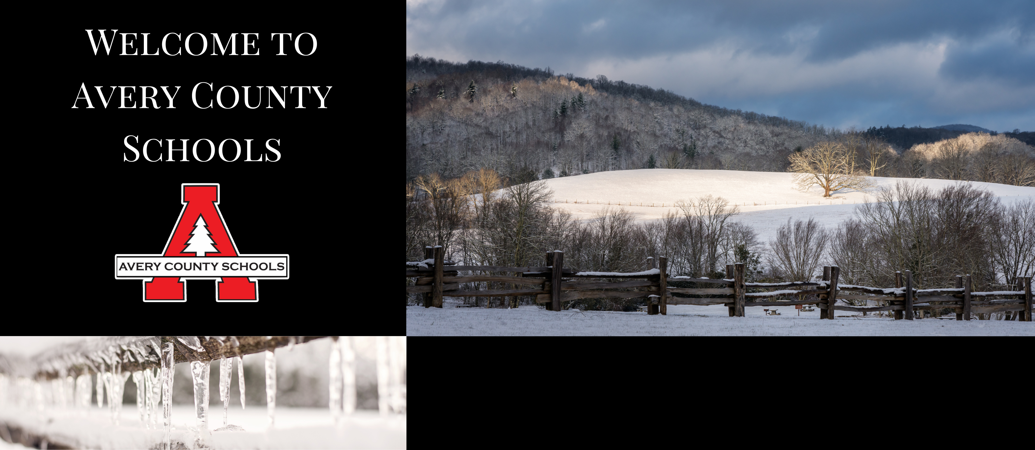 Winter landscape with snowy fields, bare trees, and a wooden fence; "Welcome to Avery County Schools" text and logo on the left.