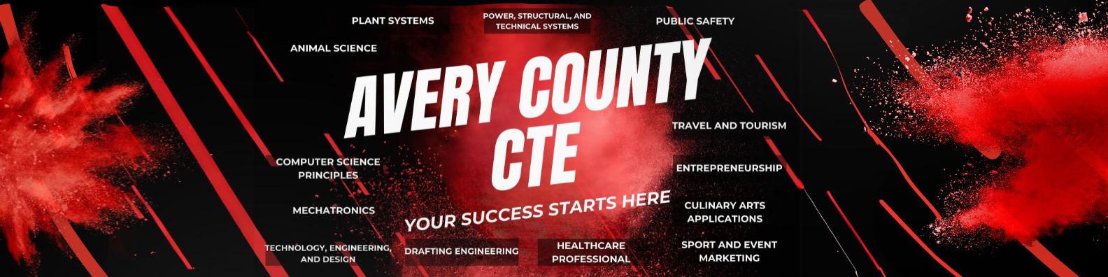 Banner with "AVERY COUNTY CTE" and program names on black background with red streaks.