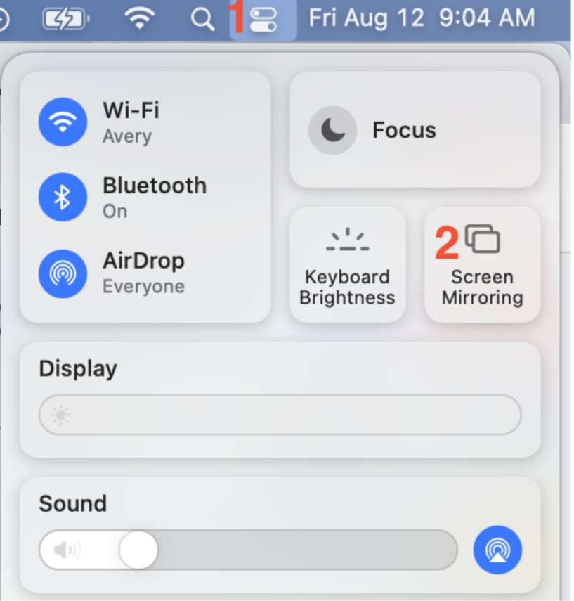 MacOS Control Center menu showing Wi-Fi, Bluetooth, AirDrop, Focus, Keyboard Brightness, Screen Mirroring, and sliders for Display and Sound.