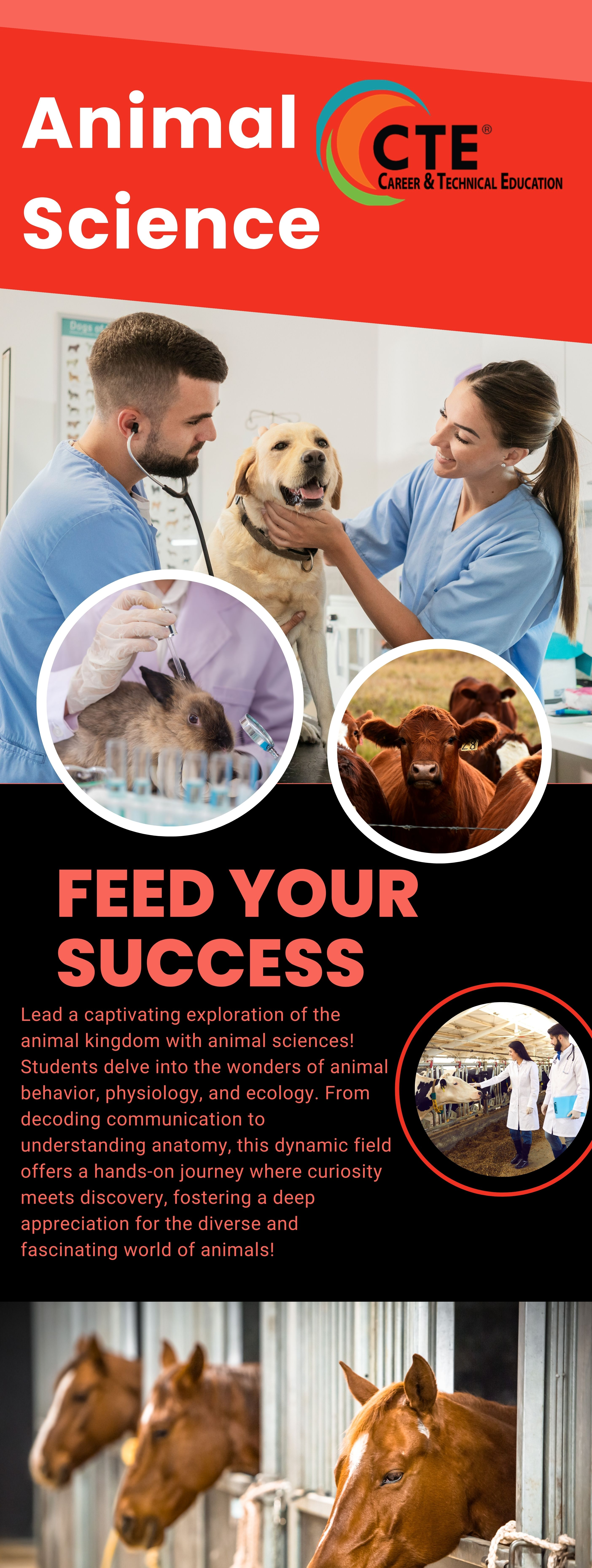 Promotional poster for Animal Science with images of animals and people, and text about the program