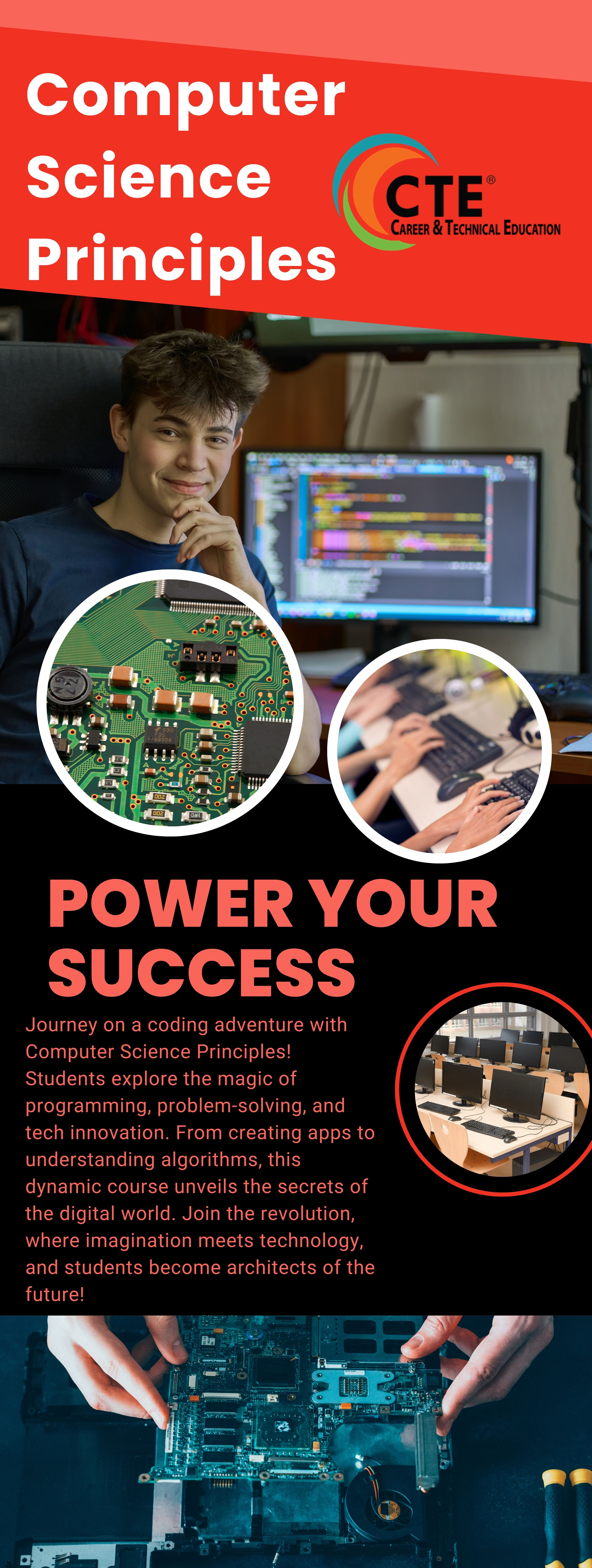 Promotional poster for Computer Science Principles with images of computer parts, people, and text about the program