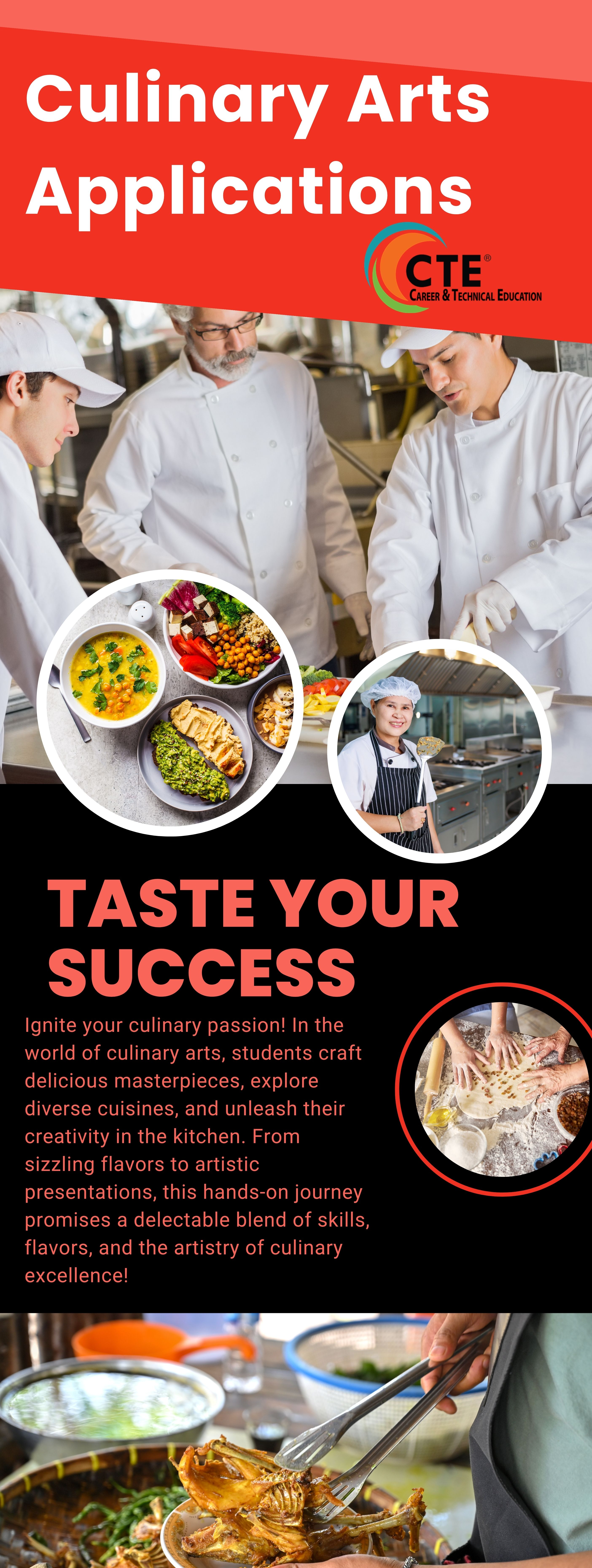 Promotional poster for Culinary Arts with images of people cooking and food, and text about the program