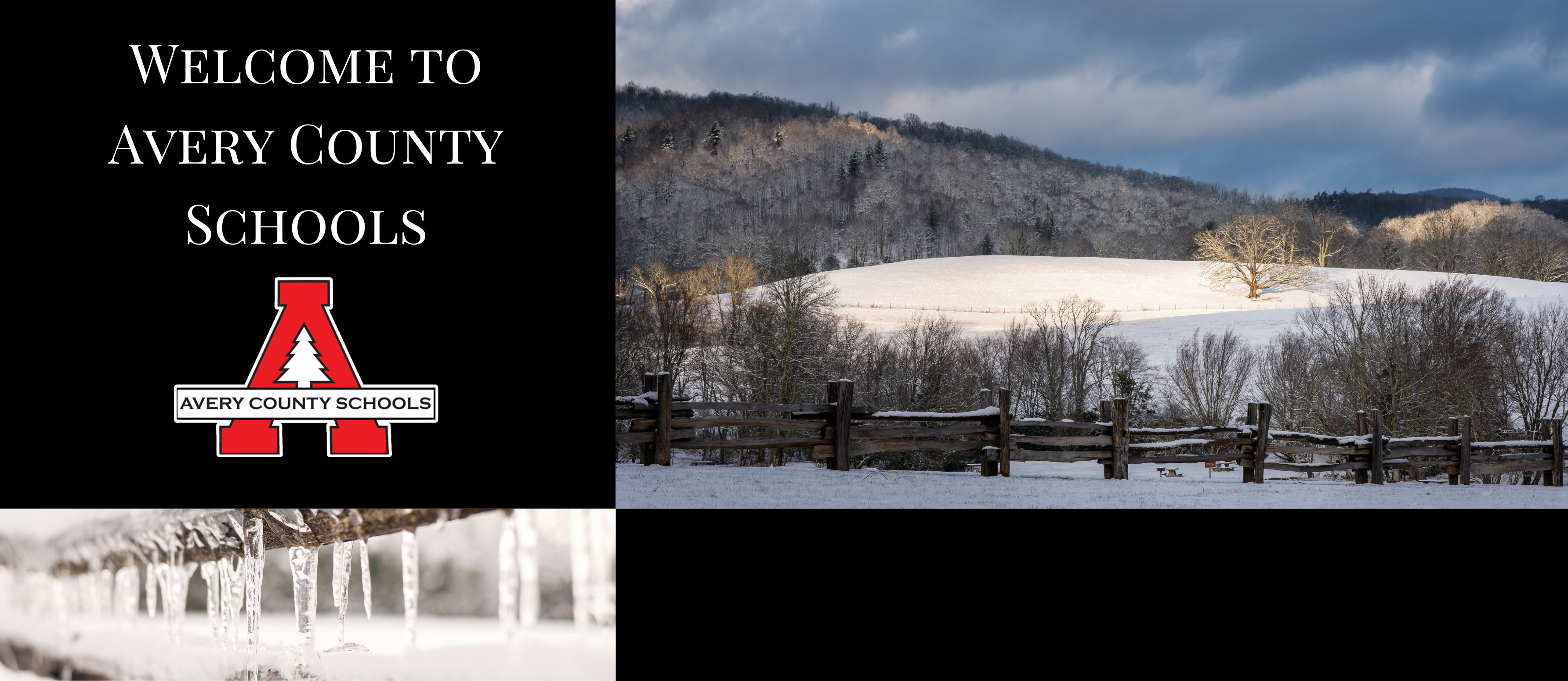 Winter images and  "Welcome to Avery County Schools" text and Avery logo on the left.