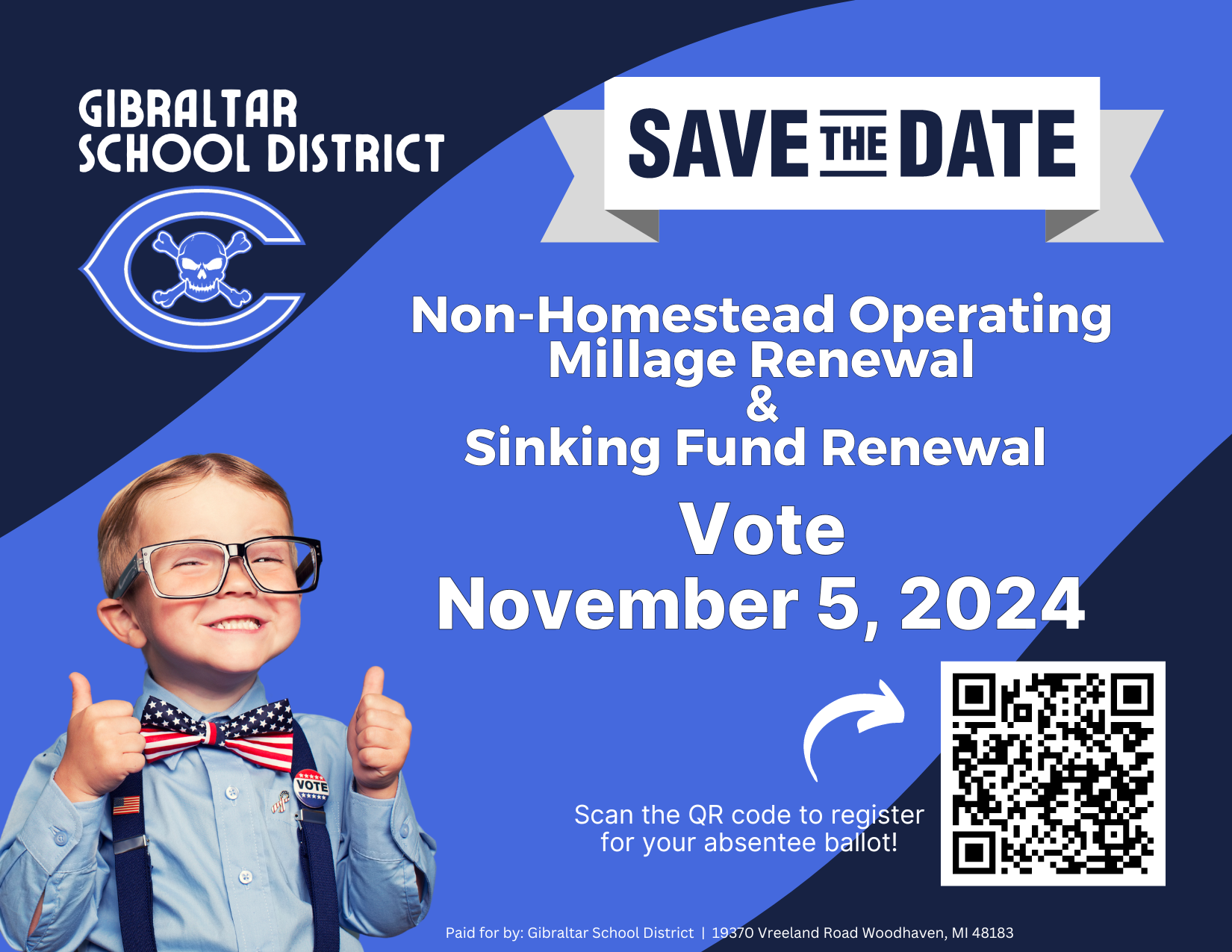 An infographic with Save the Date information reads 'Non-Homestead Operating Millage Renewal & Sinking Fund Renewal Vote November 5, 2024'. A QR code is pictured with 'Scan the QR code to register for your absentee ballot!' A young boy smiles at the camera and gives two thumbs up. 