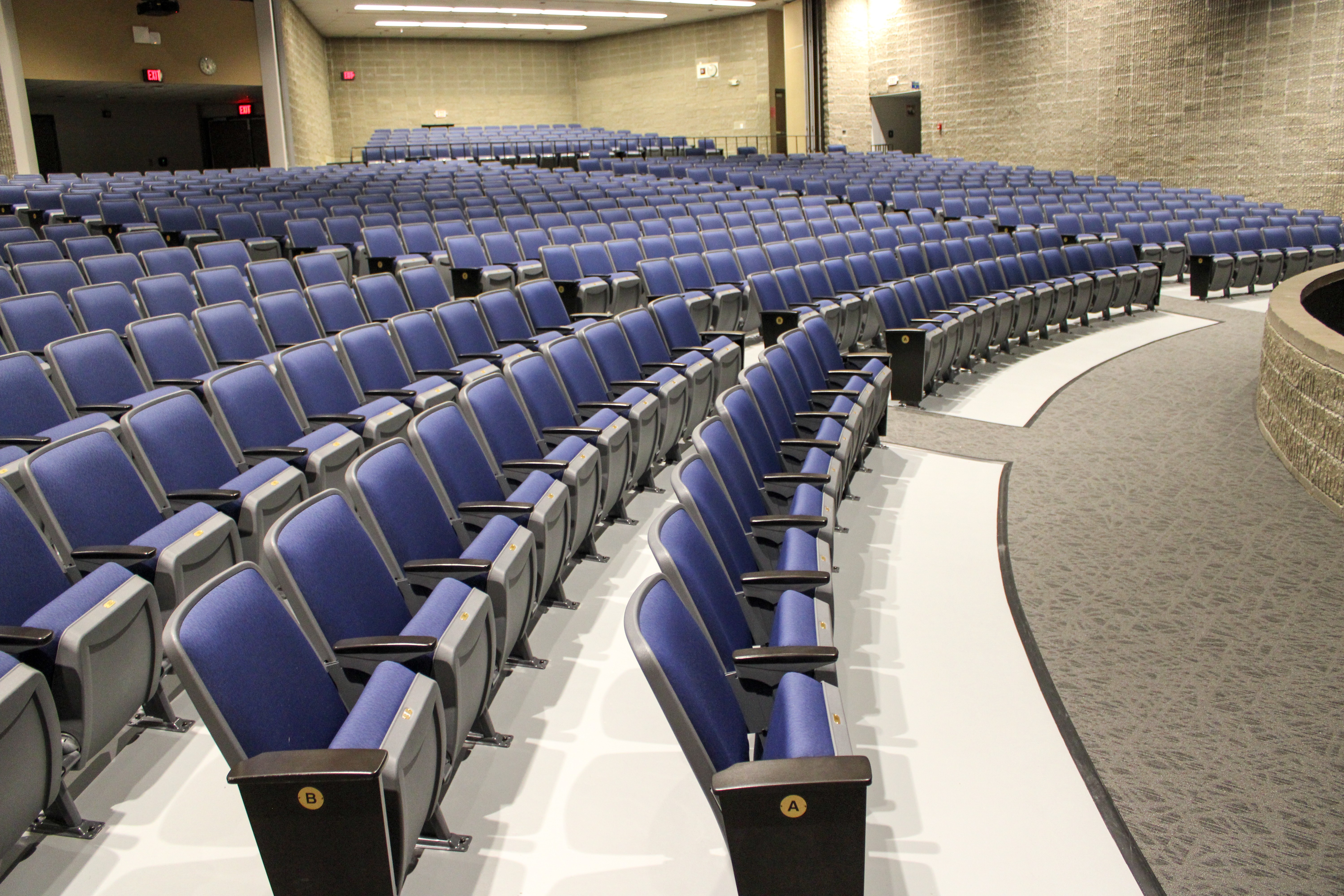 The auditorium received new seating, flooring, lighting, sound systems, and a refinished stage.