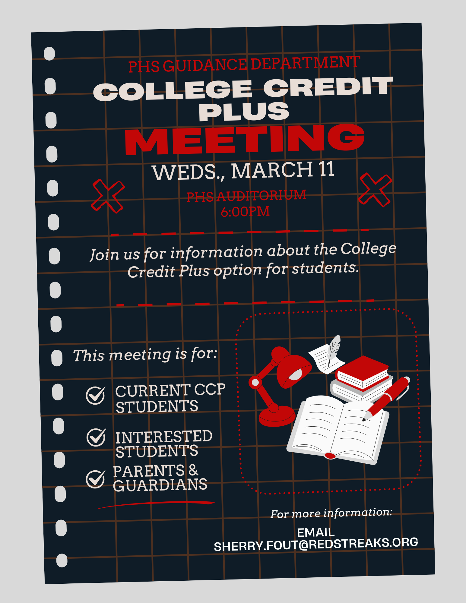 Informational meeting for those currently in CCP classes or those interested in taking CCP classes for the 26-27 school year March 11th at 6 p.m. in the PHS auditorium. Parent or guardian should also attend. 