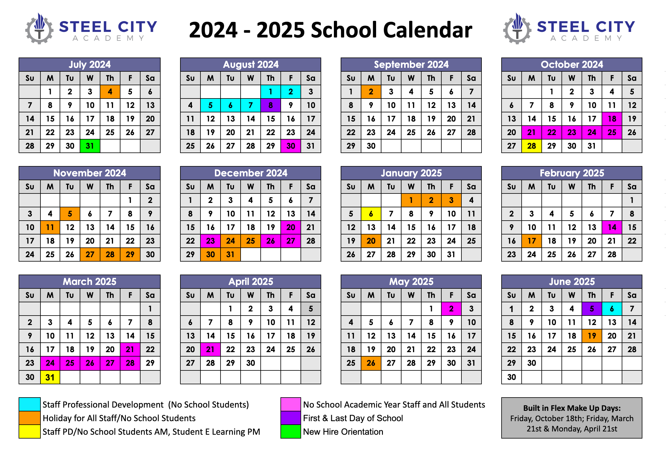 2024-2025 School Calendar | Steel City Academy