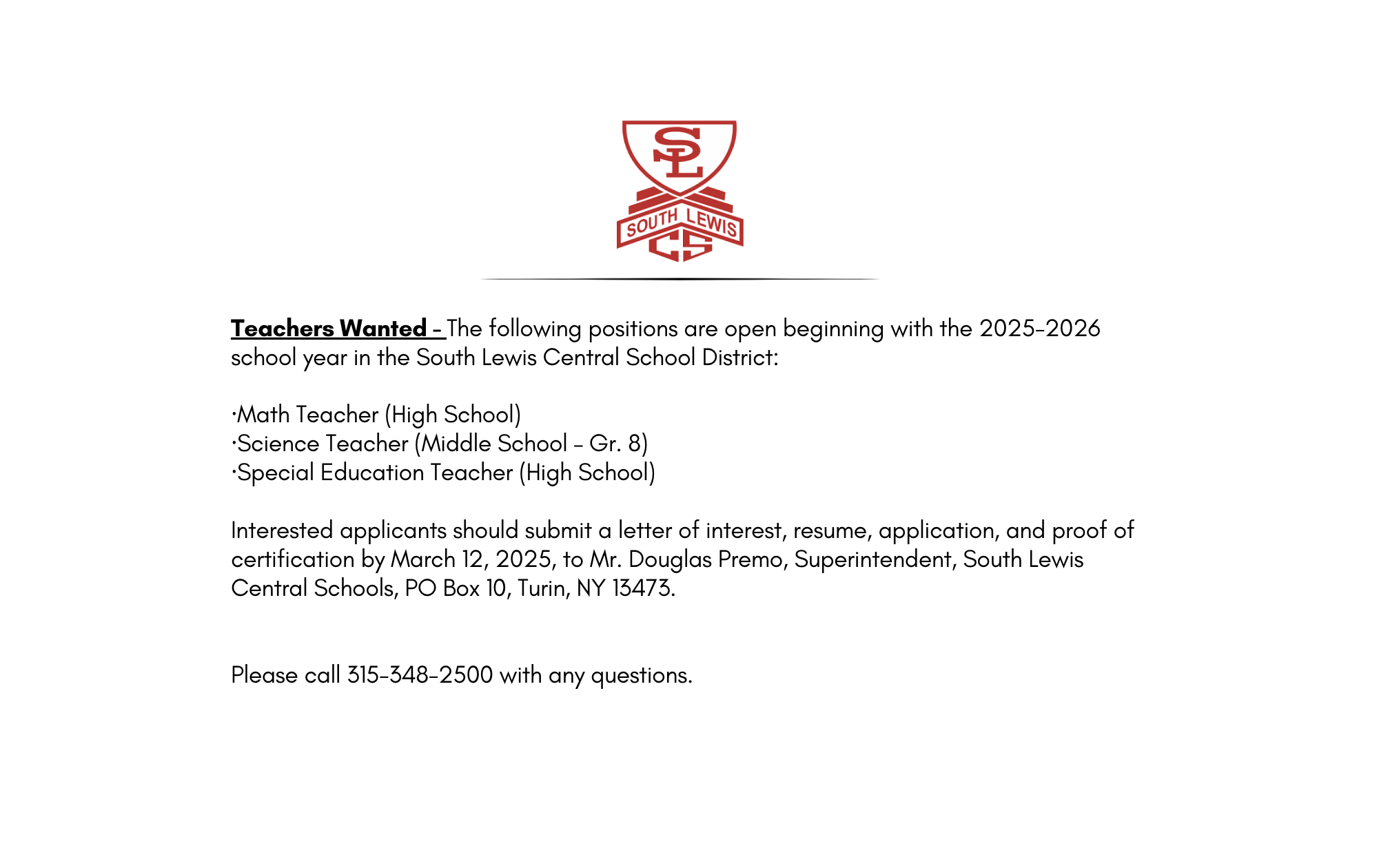 Teacher position openings for next school year. Please go to the employment  opportunities section of our website for details. 