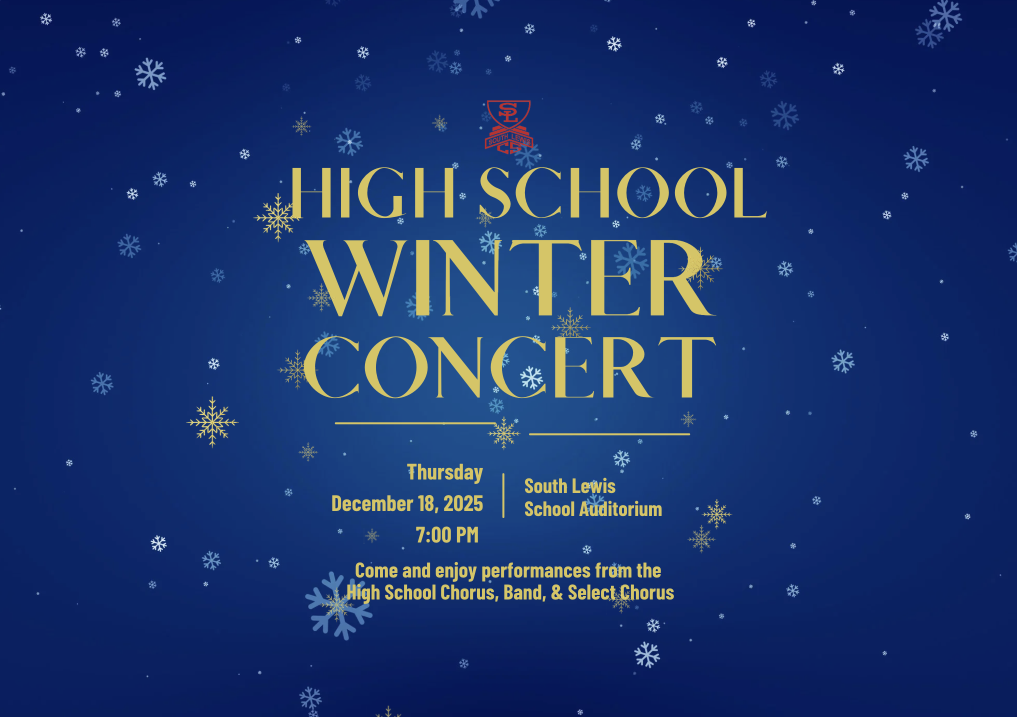 HS Winter Concert is Thursday, December 18 at 7:00 pm