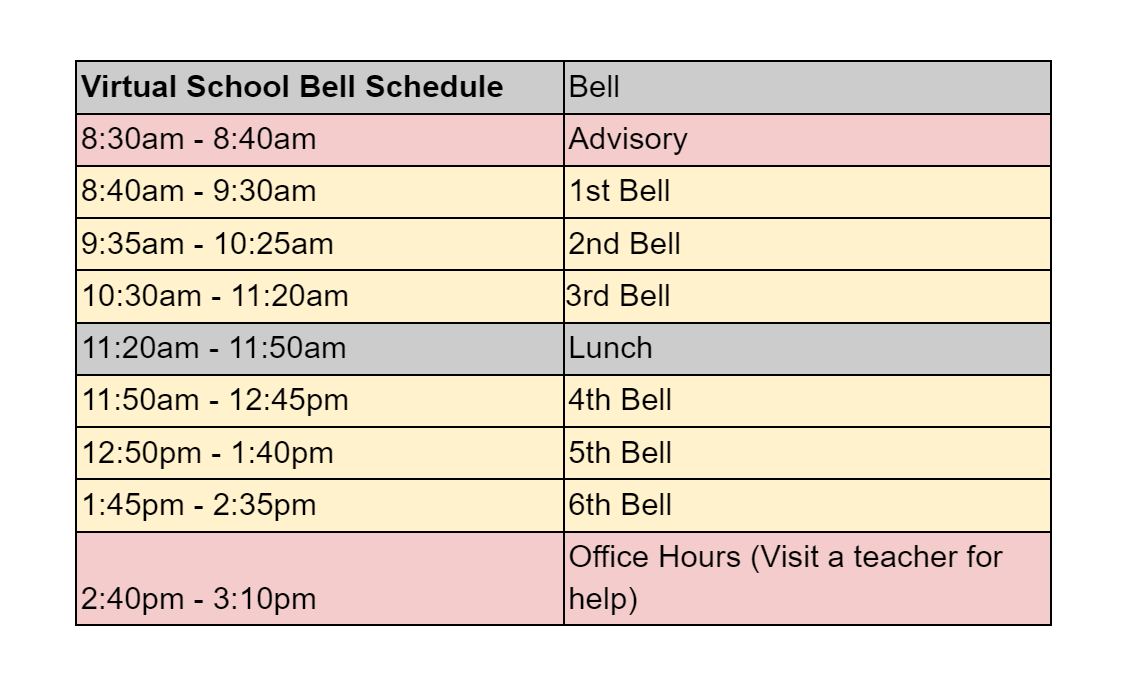 An image showing the bell schedule at Mount Healthy Virtual School