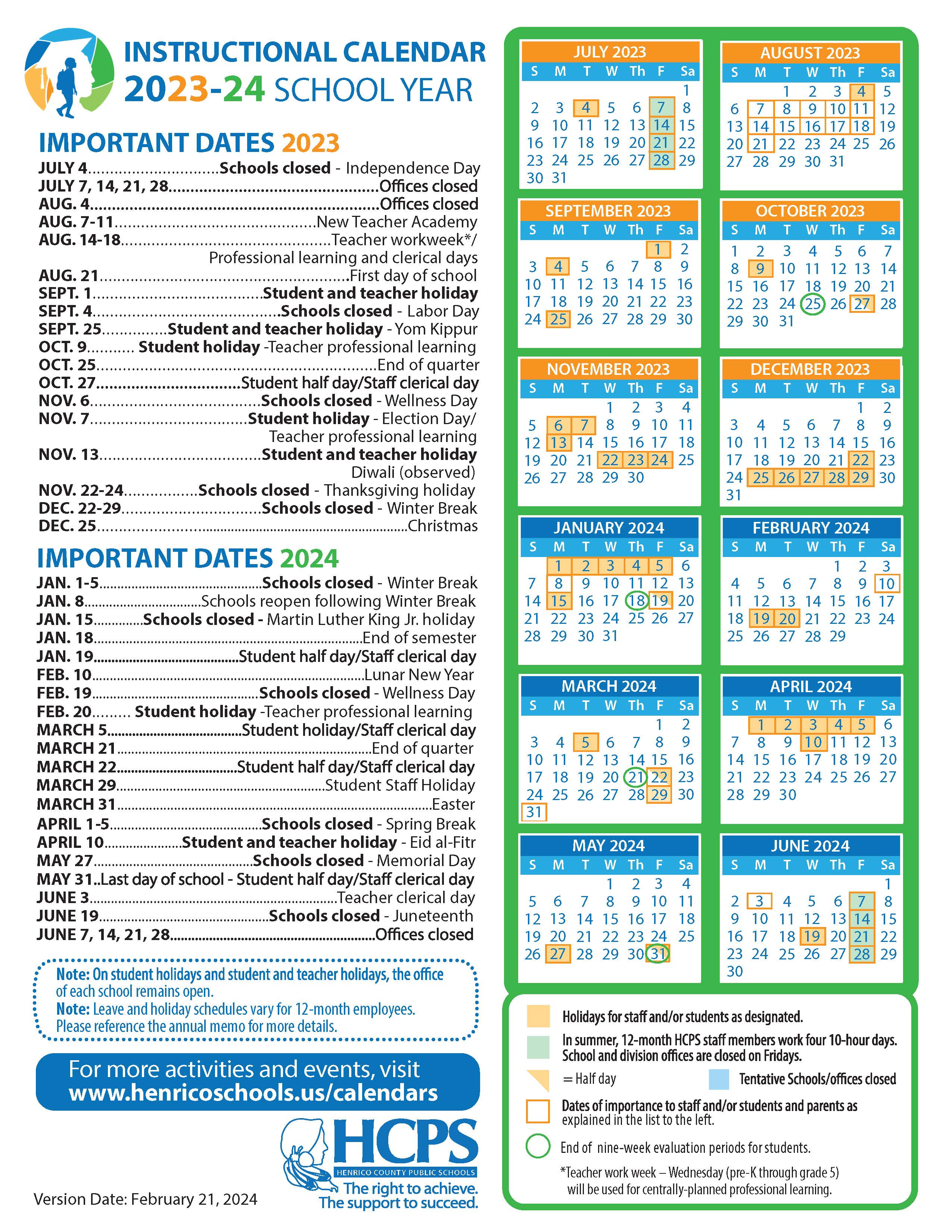 2023-24 School year calendar with highlighted dates
