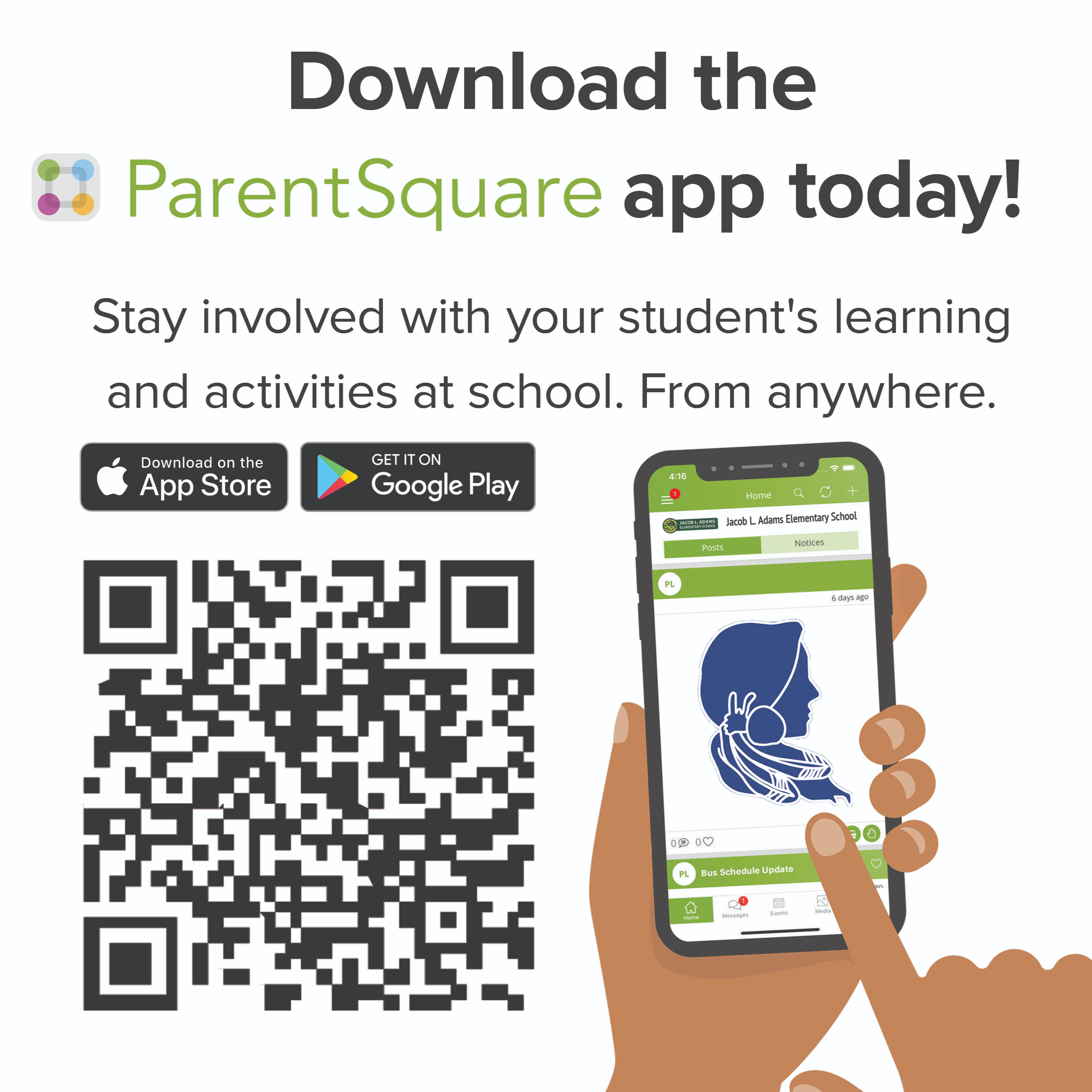 QR Code for ParentSquare Mobile  App and a drawing of a cell phone with a  logo in the center of screen