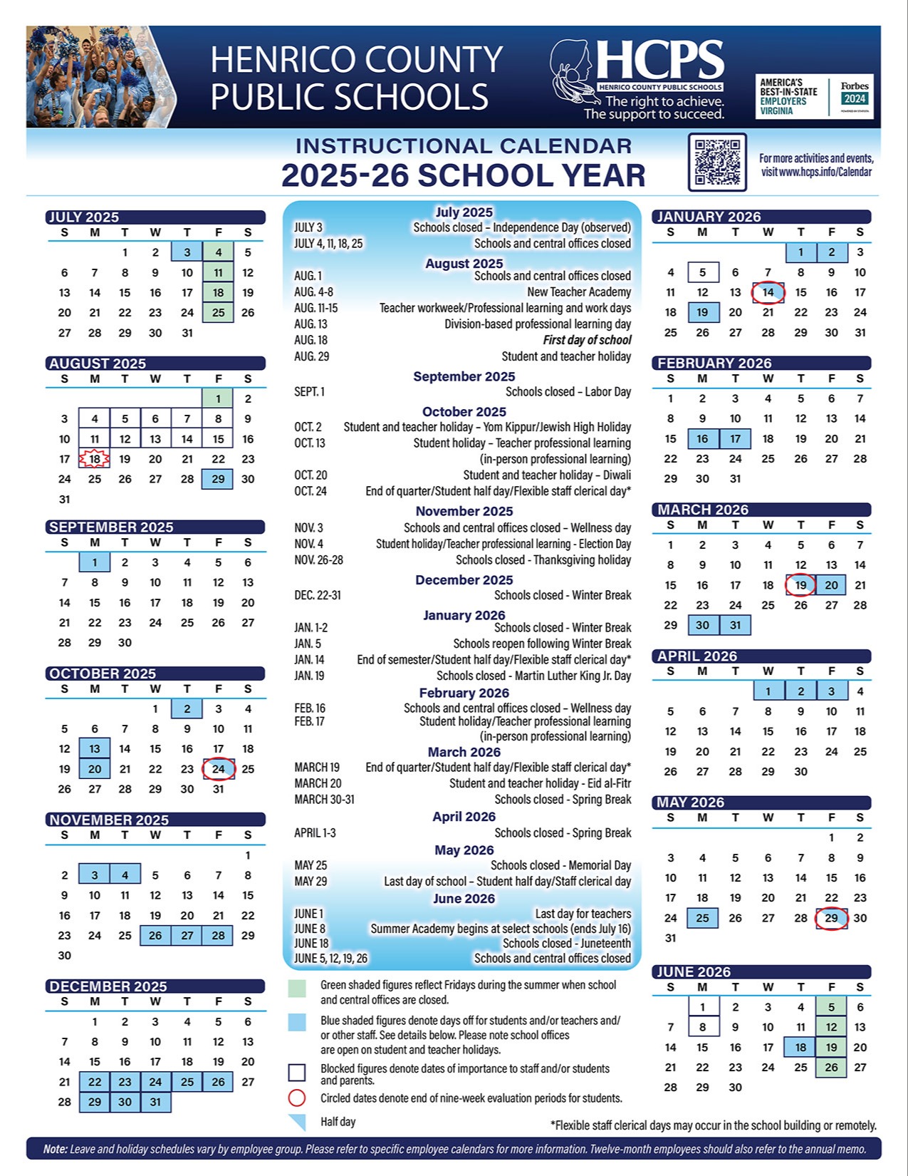 2025-2026 School Calendar | Henrico County Public Schools