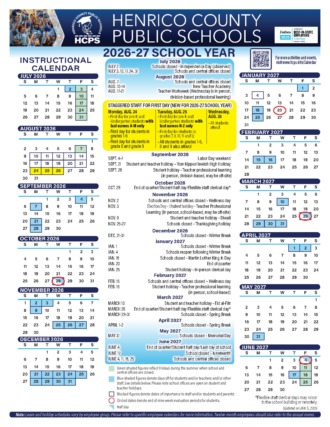 2026-2027 School Calendar | Henrico County Public Schools