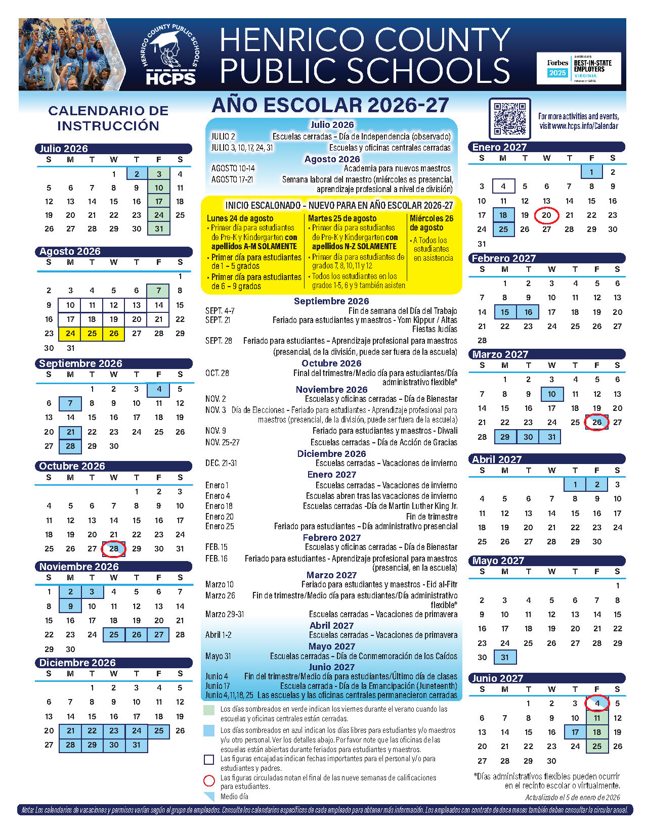 2026-27 School Calendar SPANISH | Henrico County Public Schools