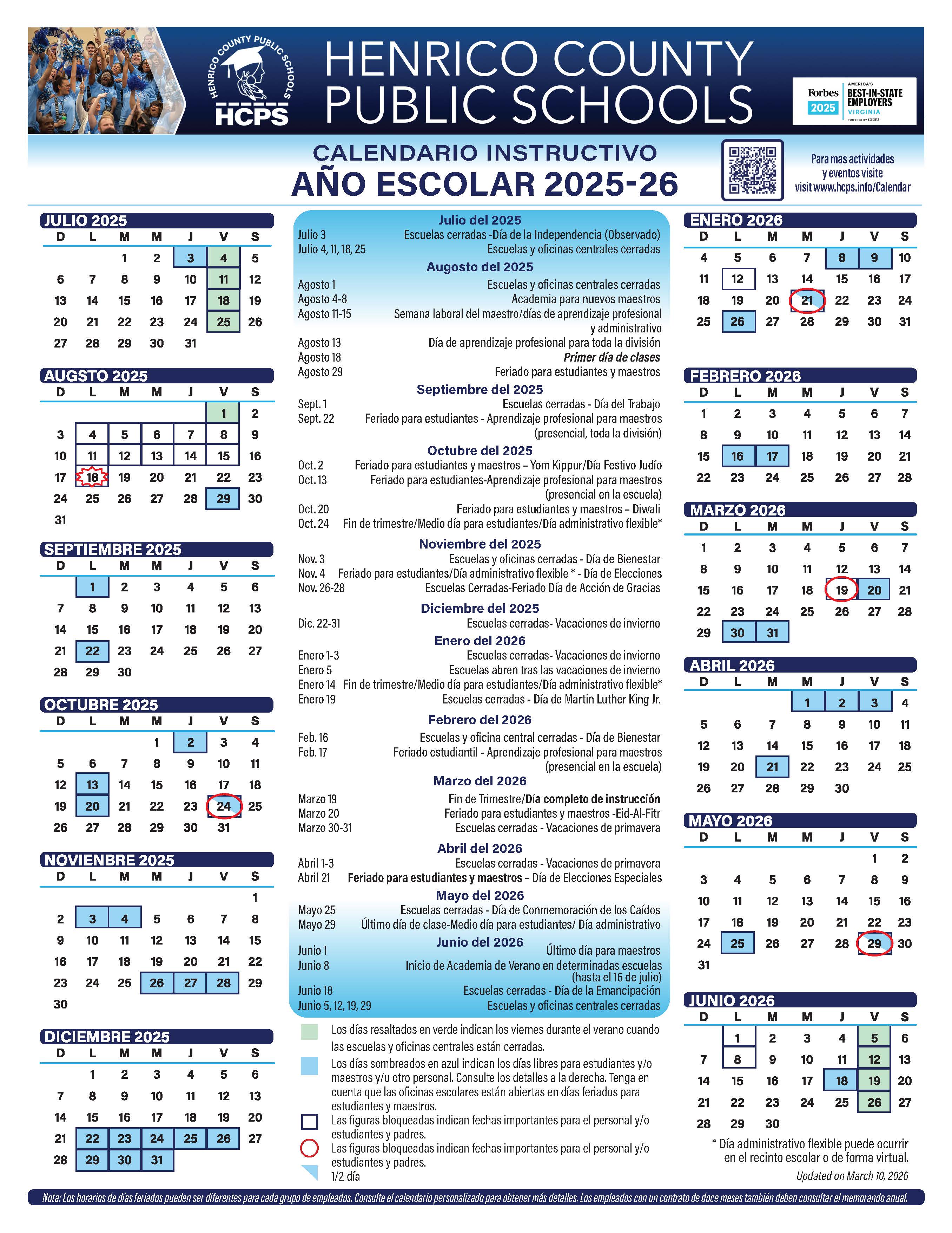 2025-26 School Calendar SPANISH | Henrico County Public Schools