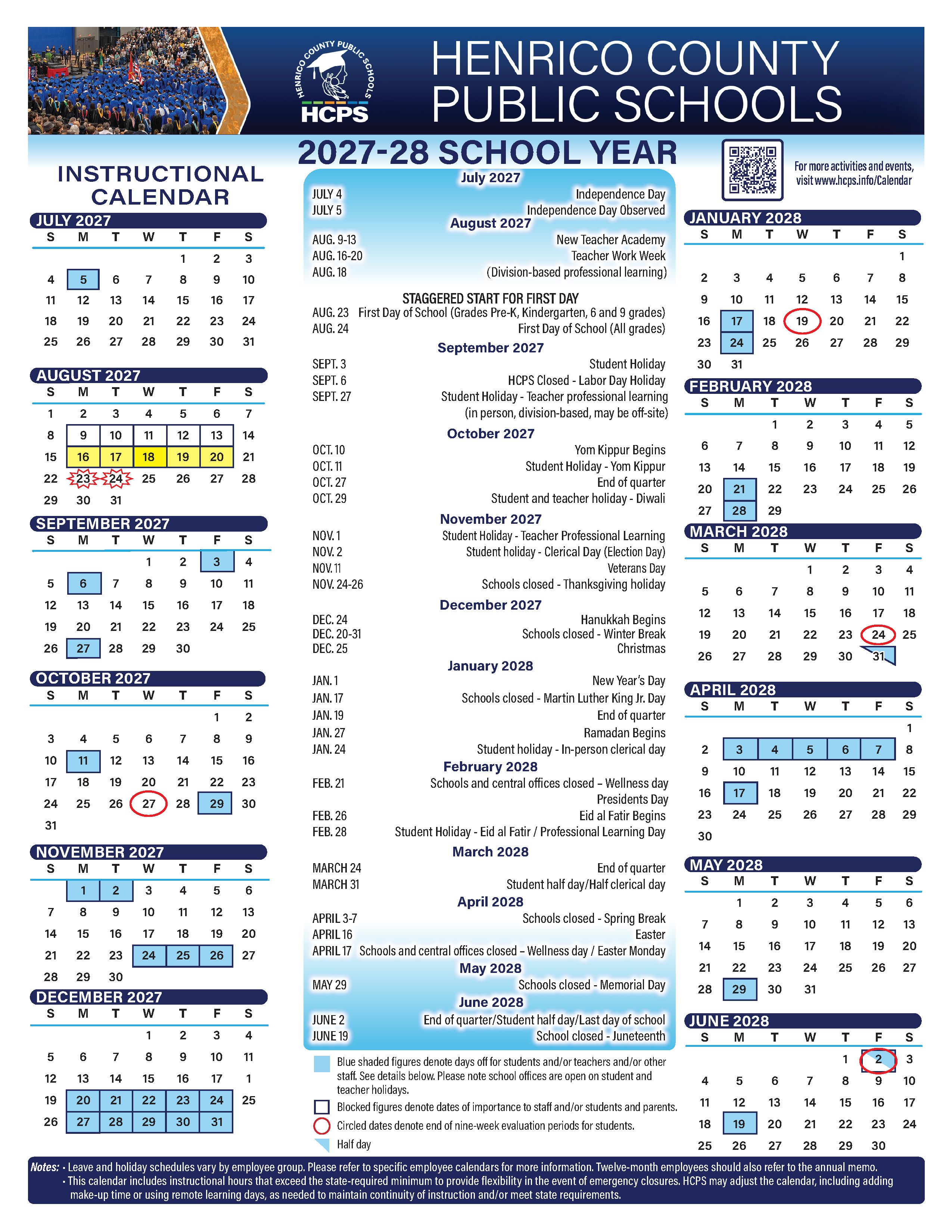 2027-2028 School Calendar | Henrico County Public Schools