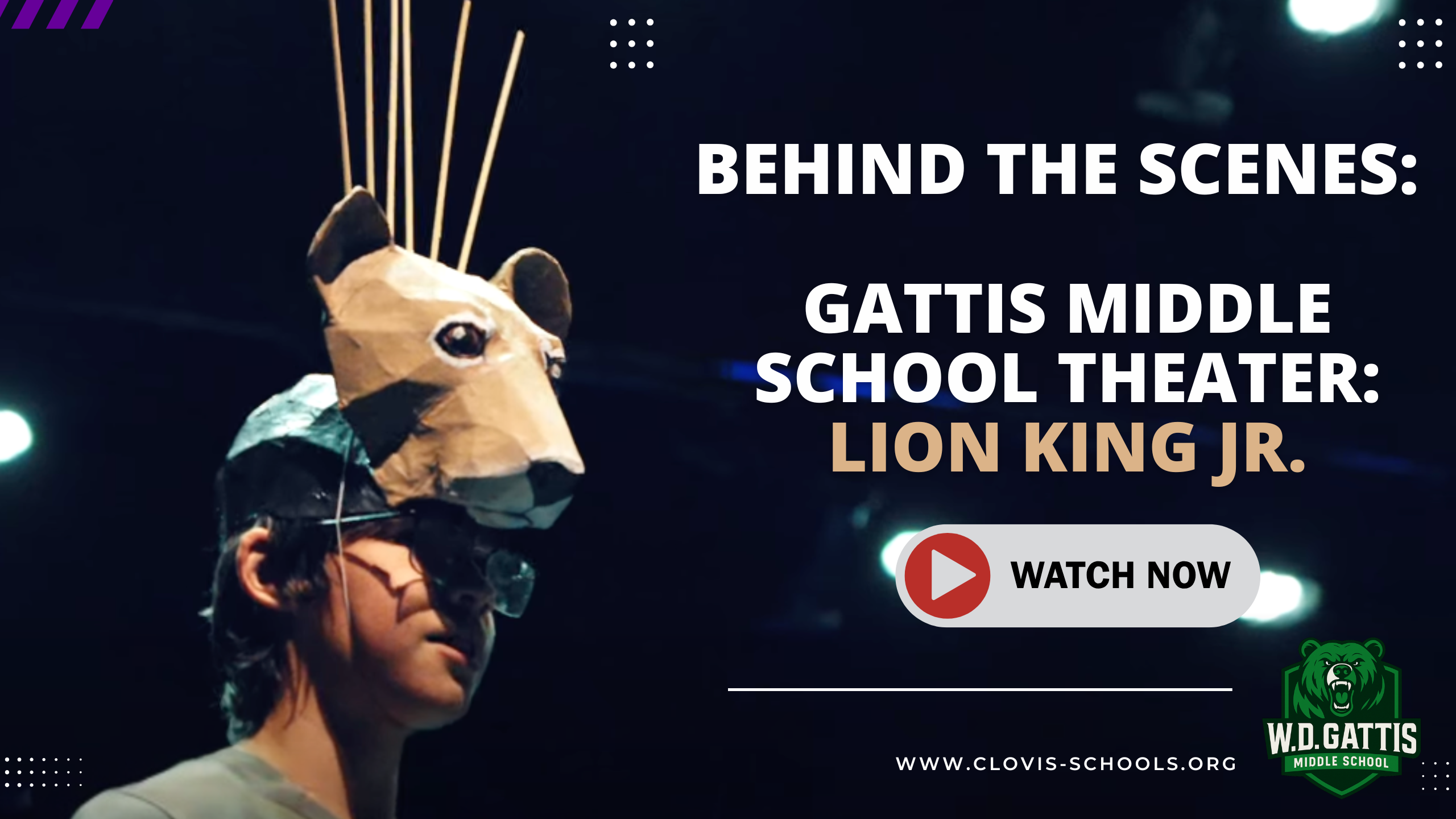 Behind the scenes: Gattis Middle School Theater: Lion King Jr. - image features a student wearing a lion king mask