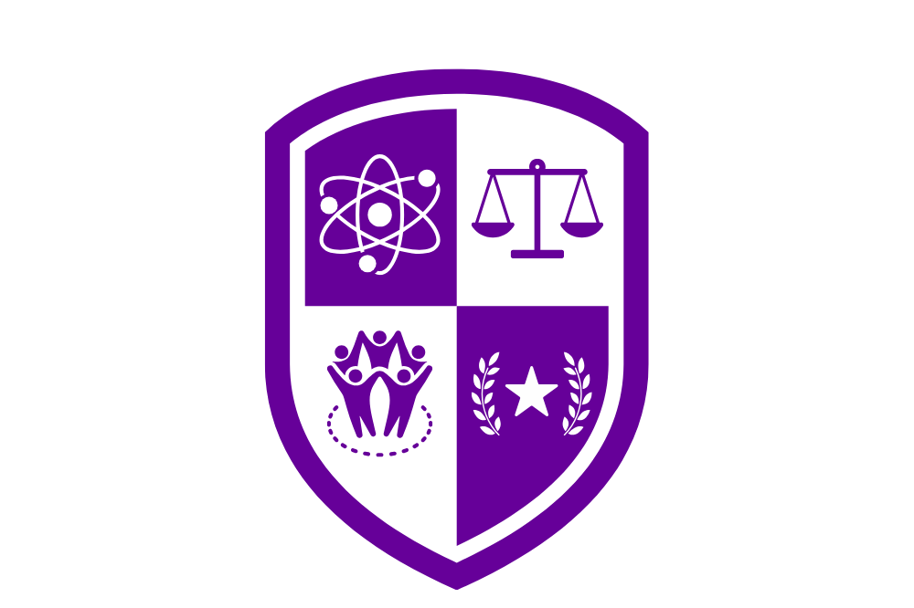 A shield-shaped logo with "CLOVIS MUNICIPAL SCHOOLS" in purple. Four quadrants feature a science icon, a scale, a crown, and a star.
