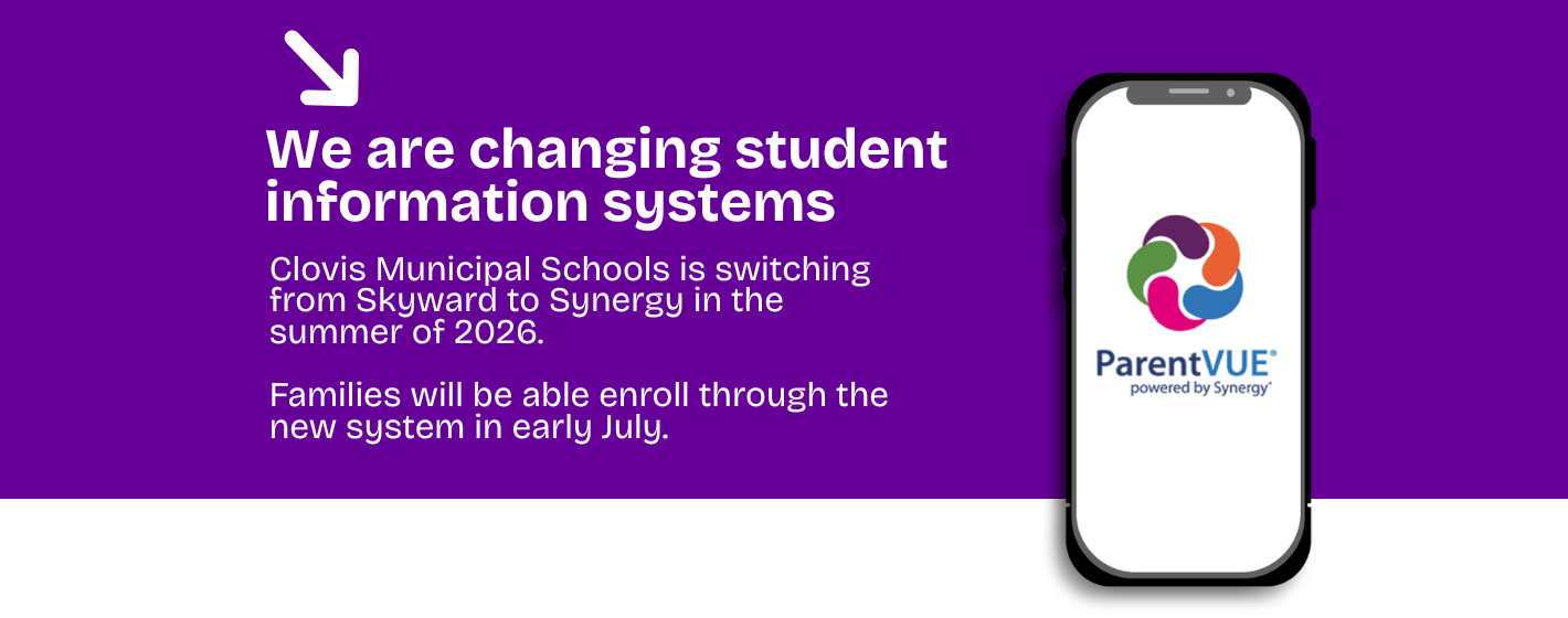 Purple background with text about switching student information systems. A phone with ParentVUE logo on screen.