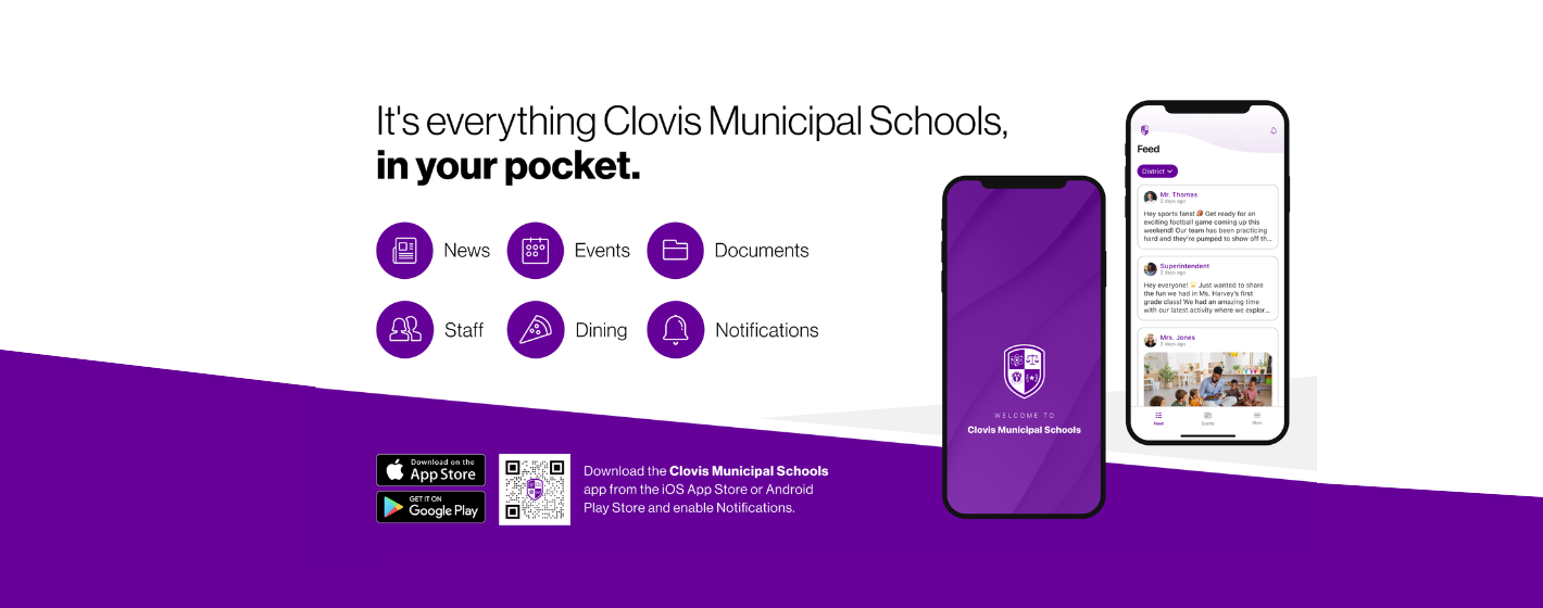 Purple and white graphic of a mobile phone displaying the Clovis Municipal Schools app with icons for news, events, and notifications.