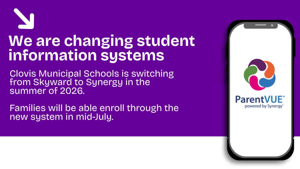 A smartphone displays the ParentVUE logo, set against a purple and white background with a white arrow pointing left.