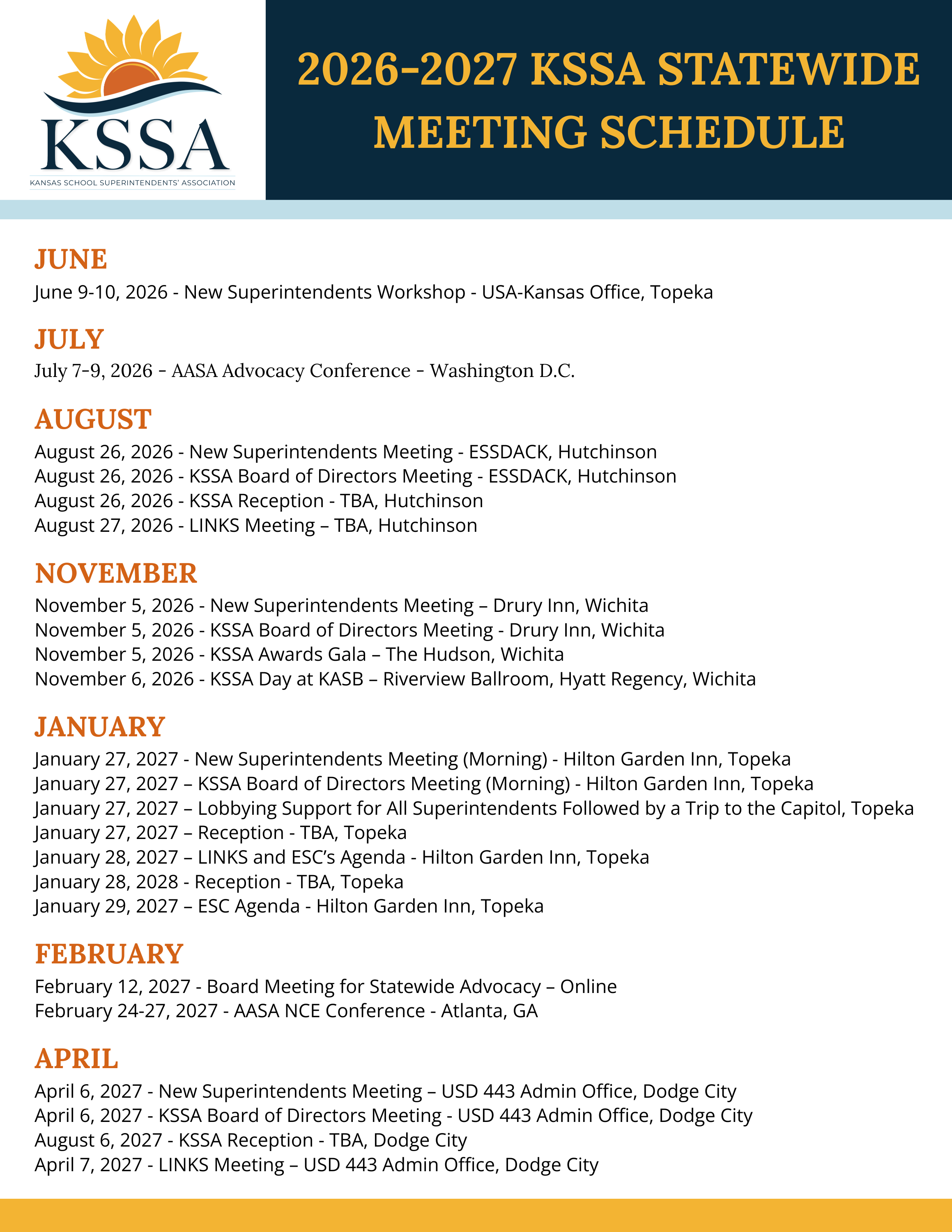 2026-2027 KSSA Statewide Meeting Schedule