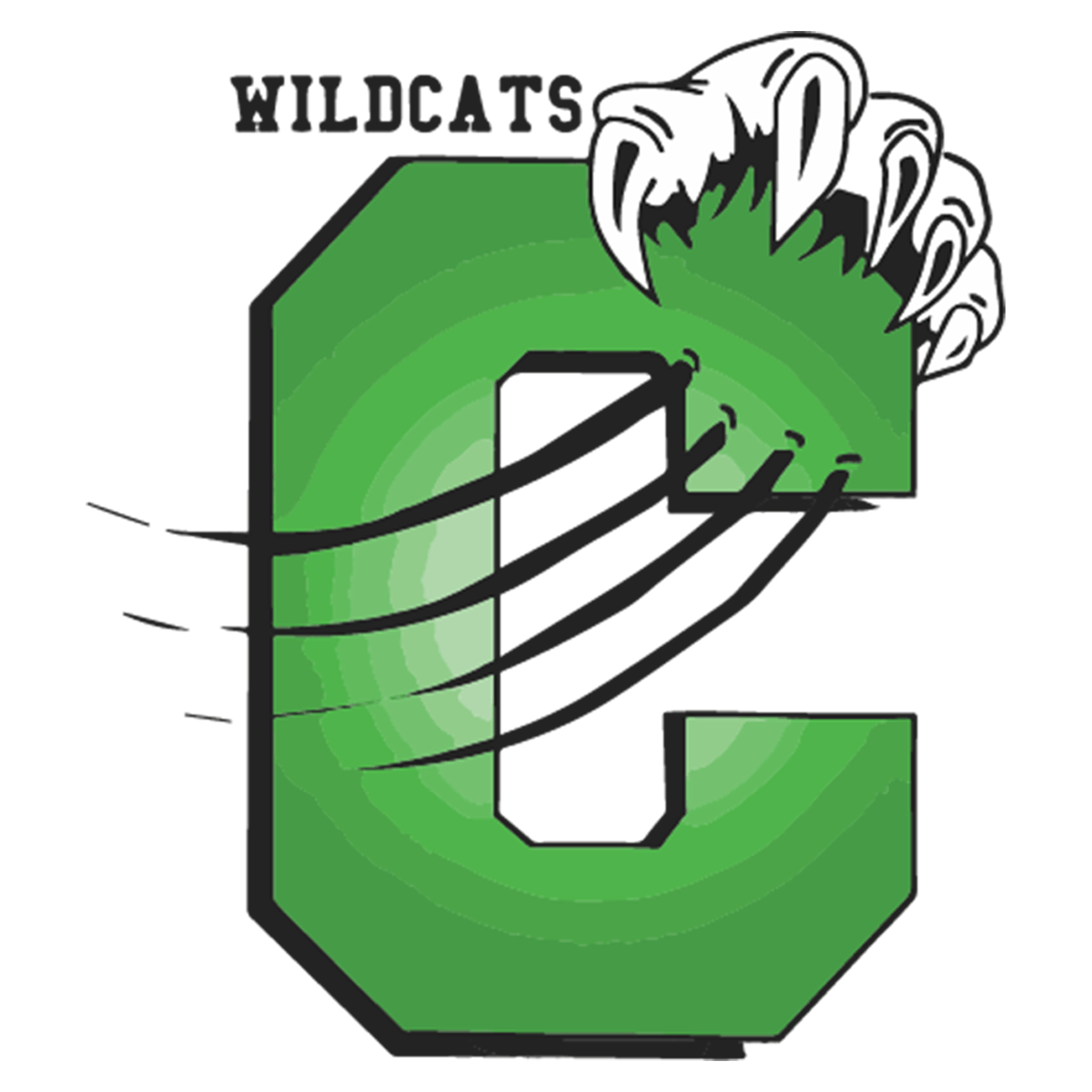 Image of a green letter C with a claw mark and a paw and Wildcats word above it