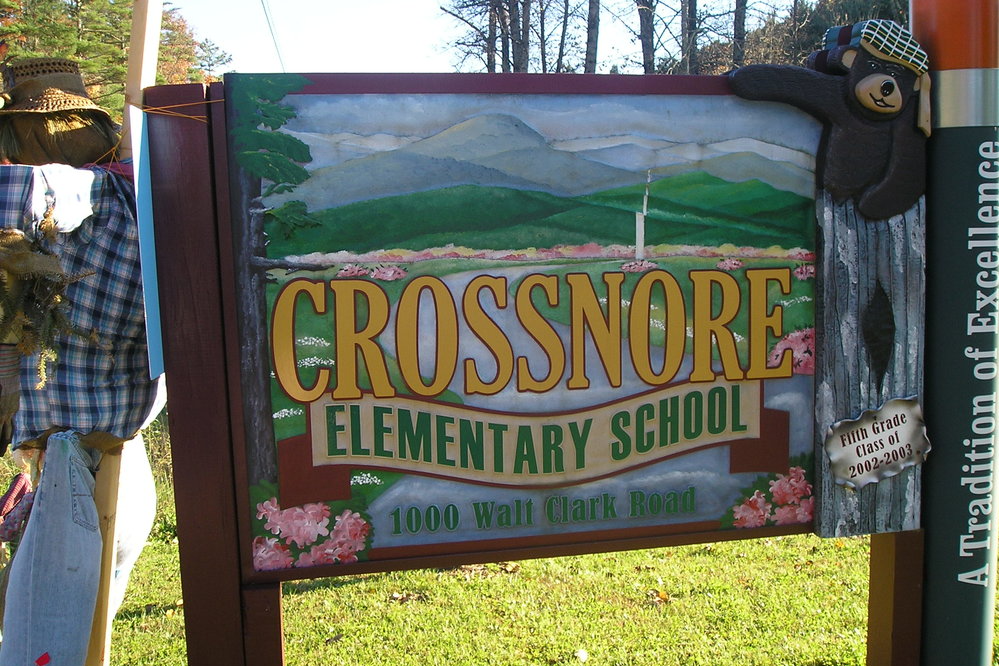 School sign outside with a scarecrow attached