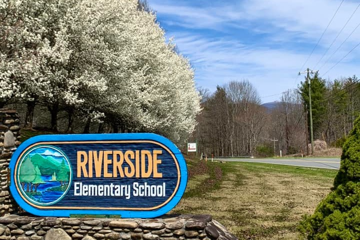 school sign beside a road with white flowering trees in the background 