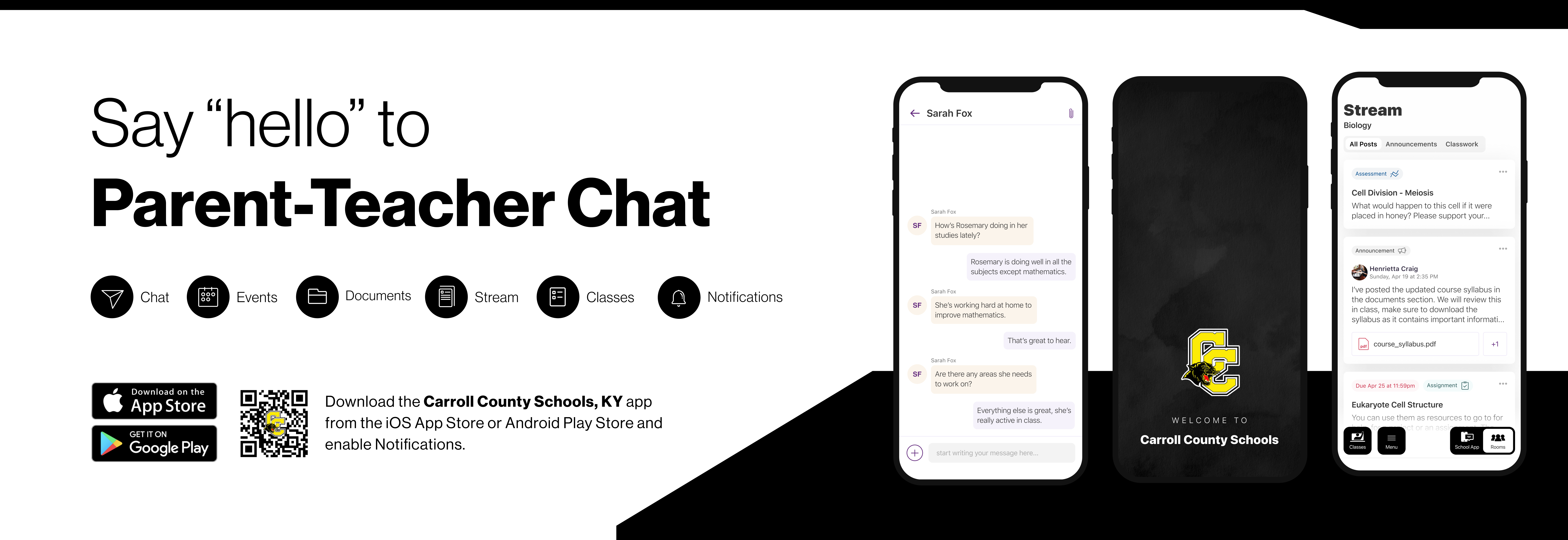 Say hello to Parent-Teacher chat in the new Rooms app. Download the Carroll County Schools app in the Google Play or Apple App store
