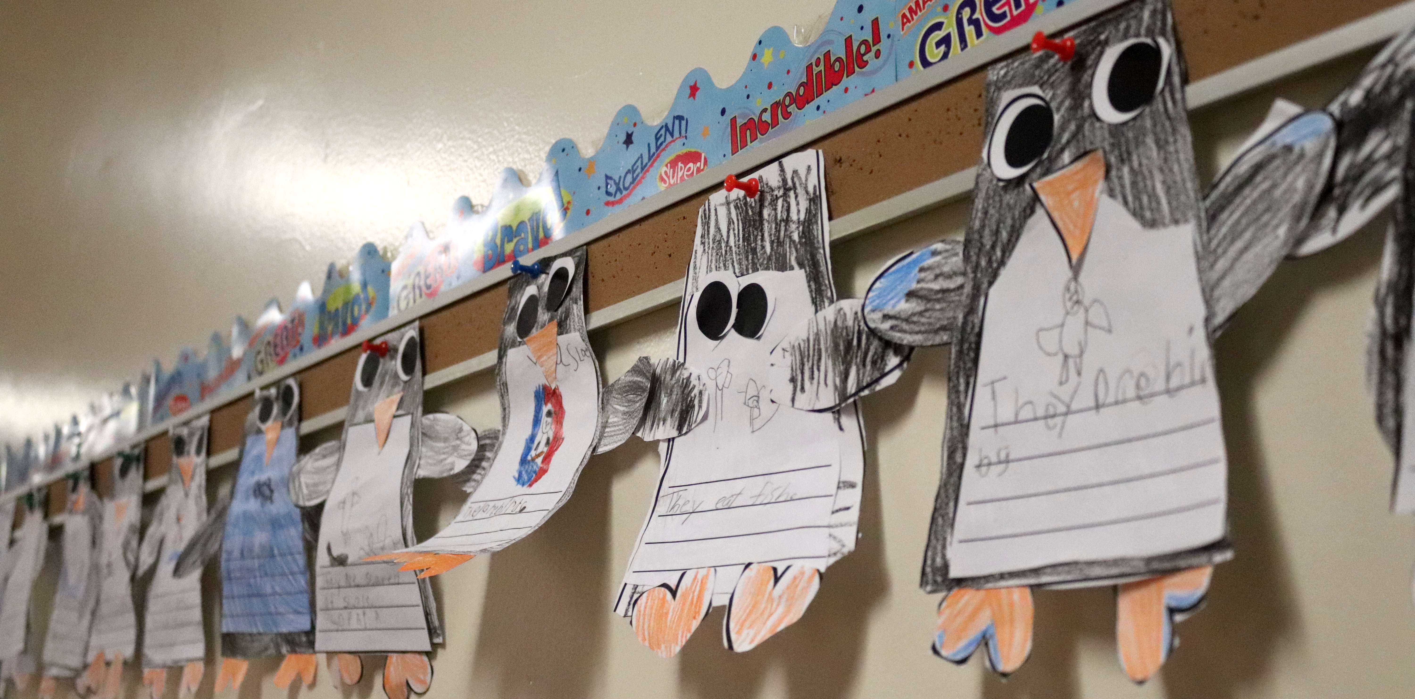 Elementary student artwork hangs in hallway