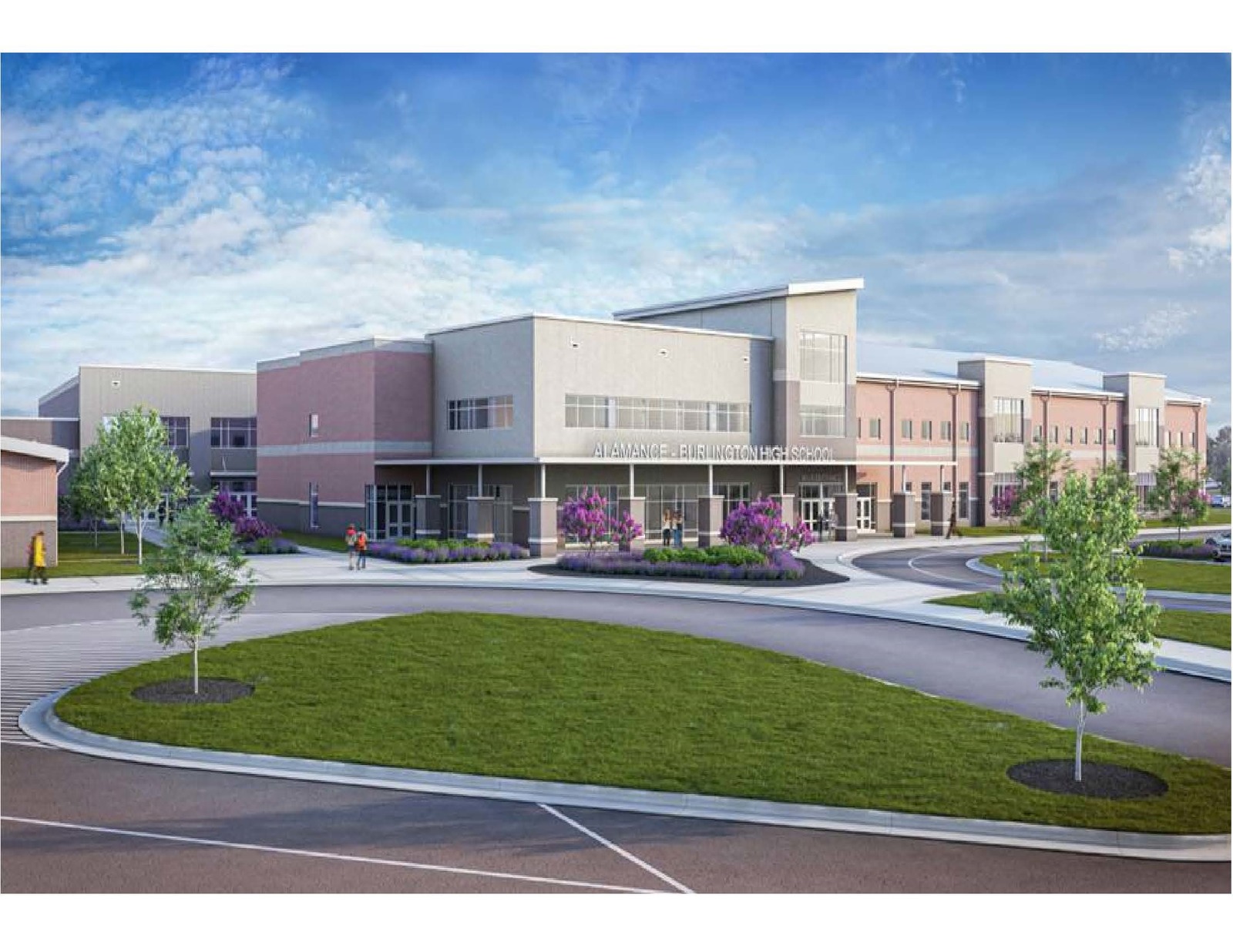 Picture is of an artist rendering of the front of the new Southeast Alamance High School