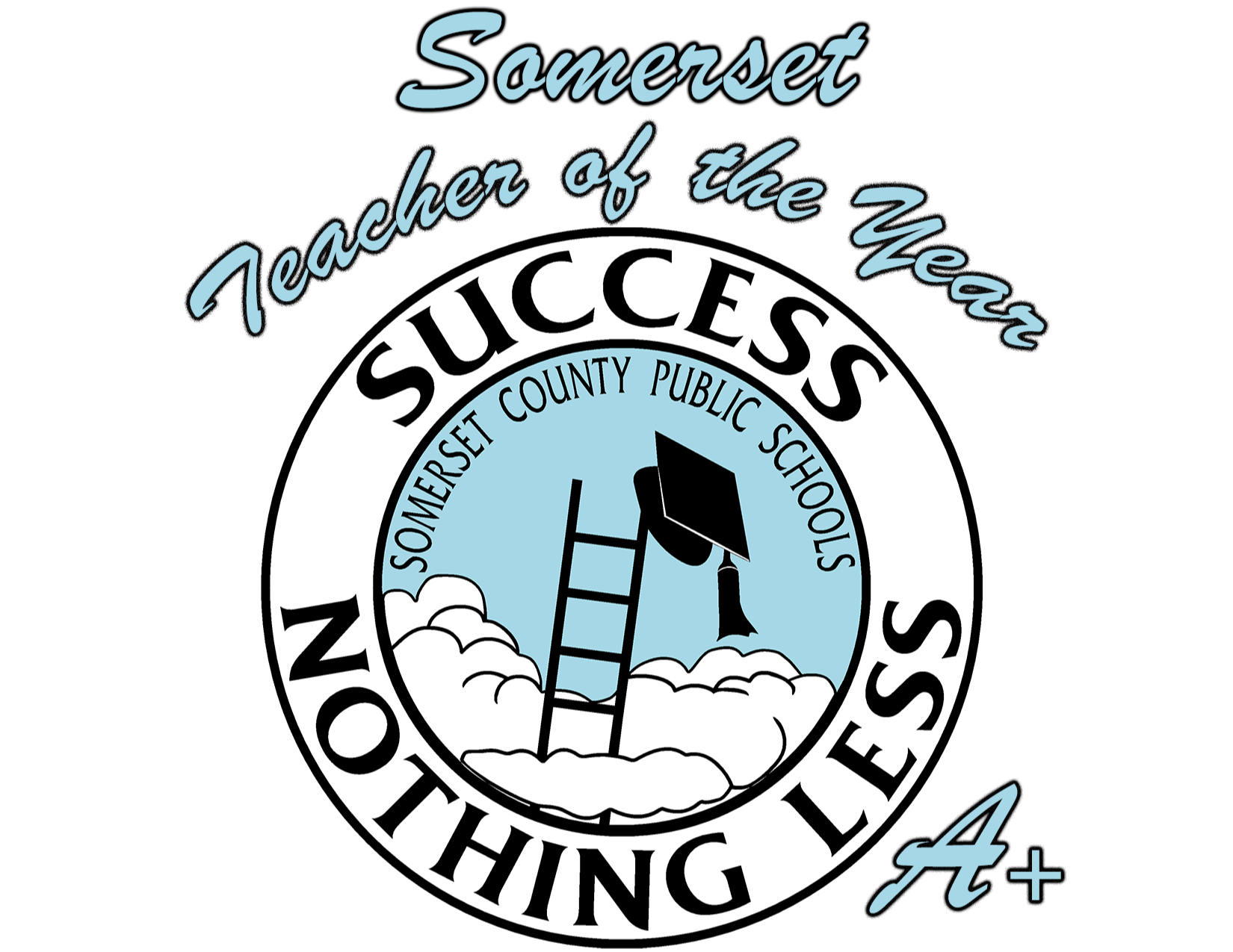 SCPS logo with ladder coming out of clouds and graduation cap on top with words Somerset Teacher of the Year above it