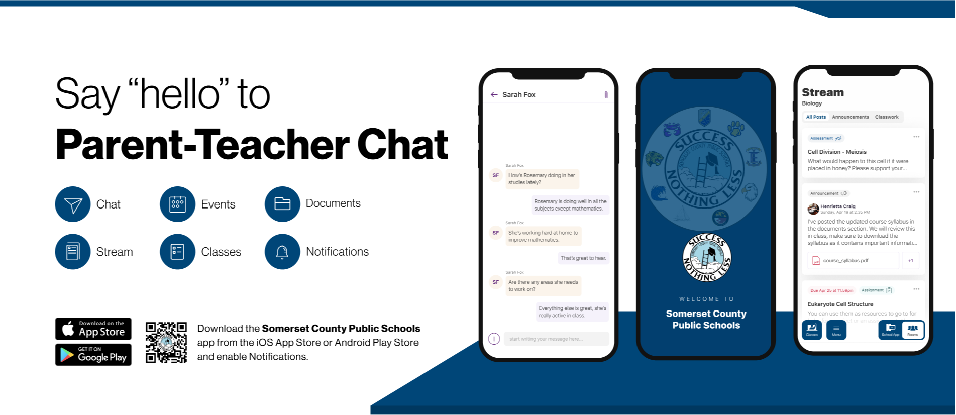 white banner background with photo of a cell phone and text that reads "say hello to parent teacher chat"