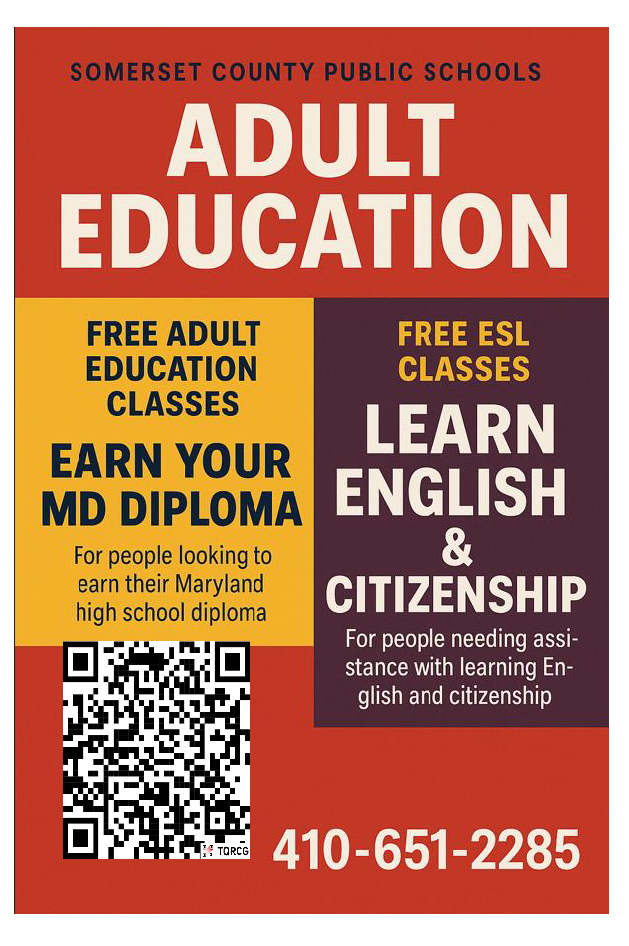 Adult Education Flyer with a QR code that can be used to start the registration process.