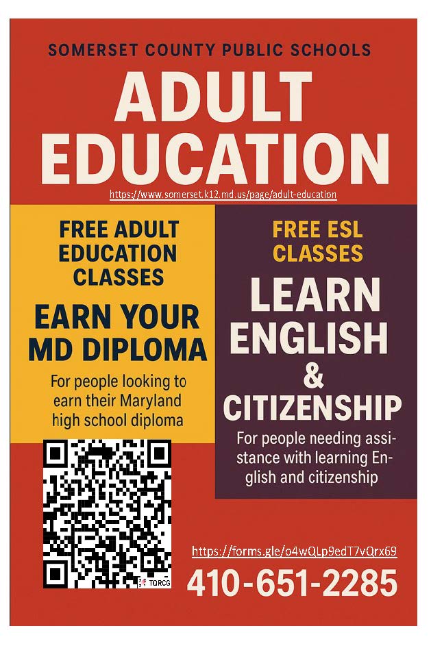 This is a flyer about the adult education classes being offered in Somerset County. There is a QR code on the flyer , which people can scan  to pre-register. A link to the county website and a link to the pre-registration form is also on the flyer