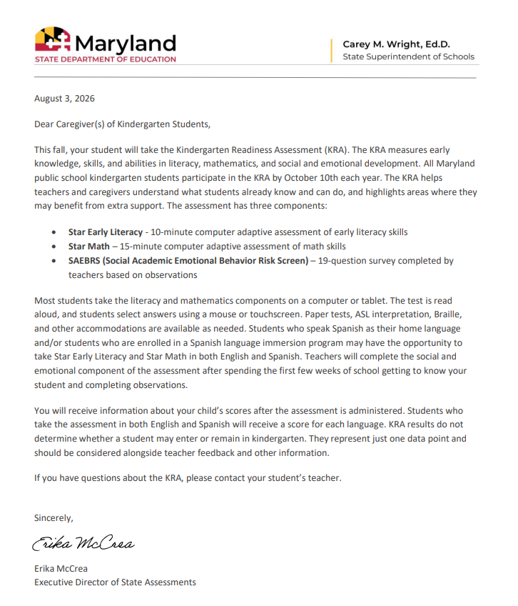 MSDE Letter about KRA
