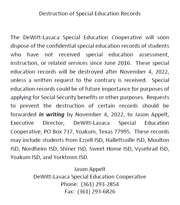 Destruction of Special Education Records
