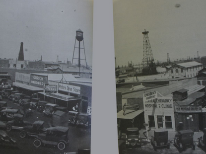 black and white photo of city buildings from the 50s 