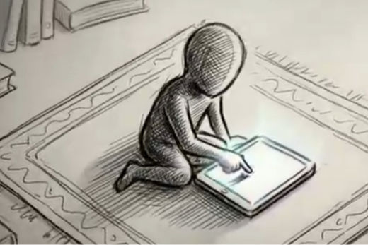 A pencil drawing of a child sitting in the floor on a rug interacting with a tablet.