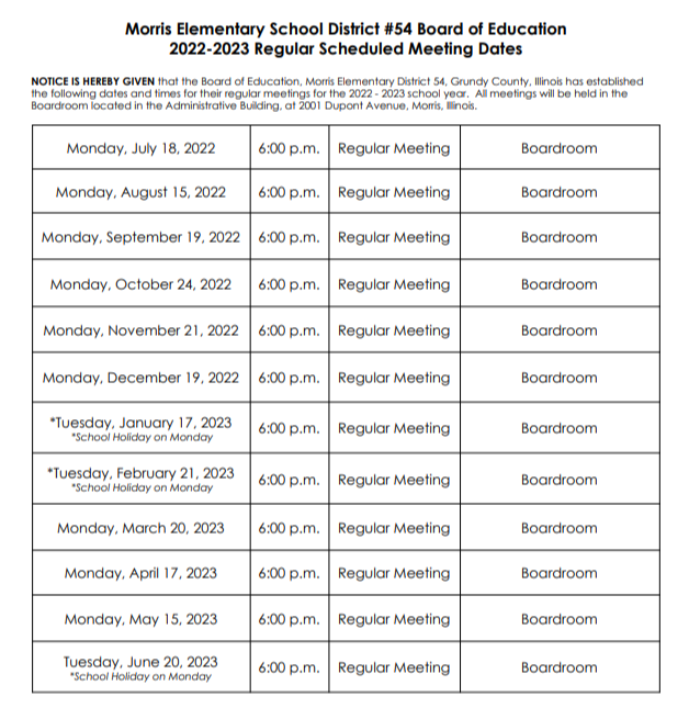 Meeting Schedules | Morris Elementary School District #54