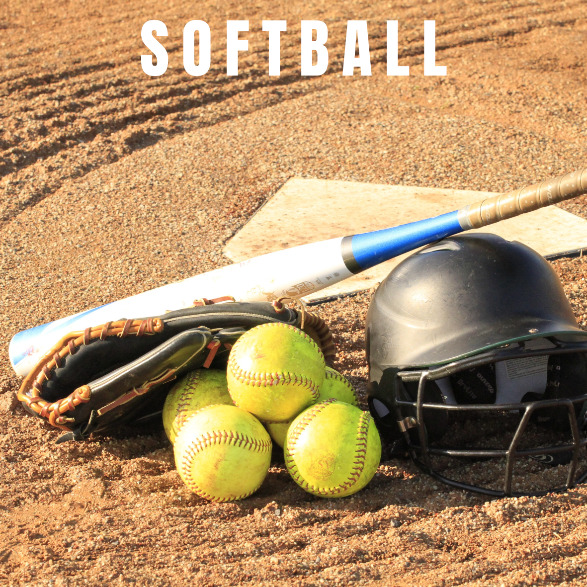 softballs with bat and helmet on dirt field