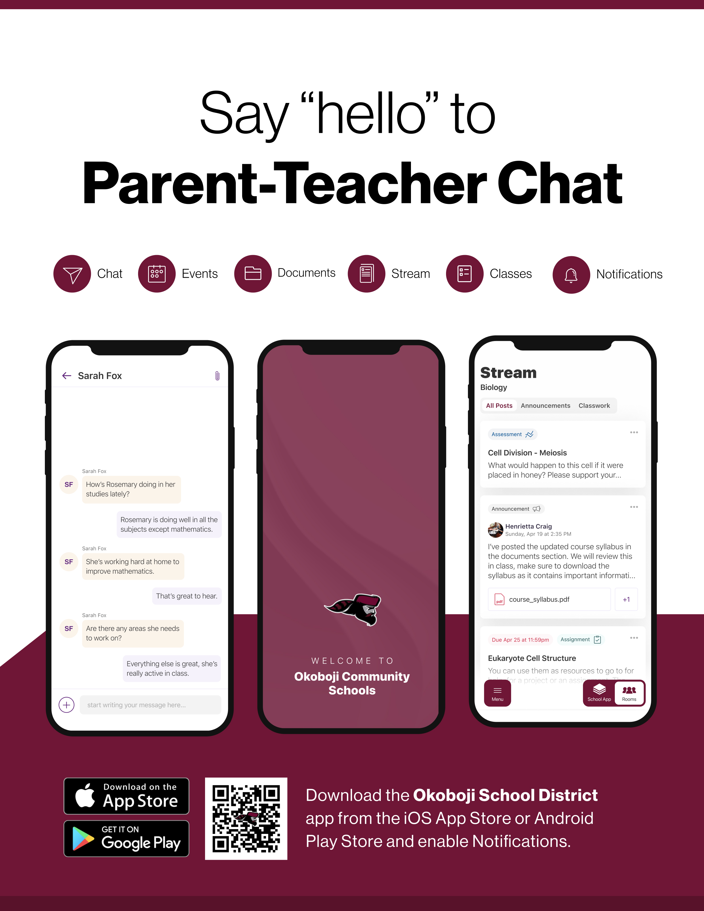 Say hello to Parent-Teacher chat in the new Rooms app. Download the Okoboji Community Schools app in the Google Play or Apple App store.