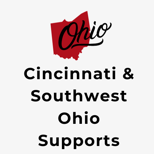 Cincinnati and Southwest Ohio Supports logo with image of the state of Ohio in red and OHIO in script