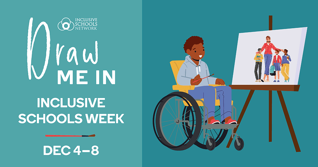 Draw Me In Inslusive Schools Week  graphic and photo clip art of boy in wheelchair painting a picture of a family