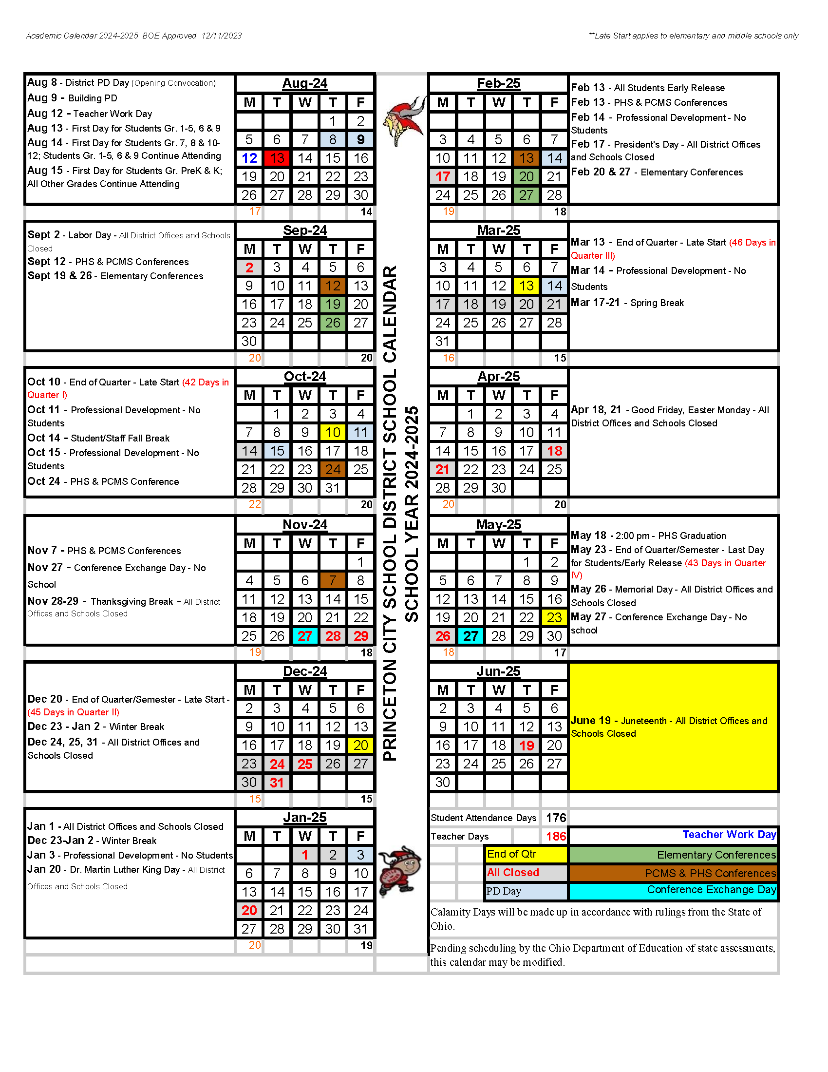 Image of the school year calendar, listing dates for the school year 2024-2025