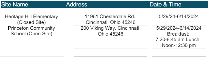 Heritage Hill Elementary (Closed Site) 1191 Chesterdale rd, Cincinnati, OH 45246, 5/29/2024-6/14/2024 and Princeton Community Middle School (Open Site) 200 Viking Way, Cincinnati, OH 45246 : 5/29/2024-6/14/2024, Breakfast: 7:20-8:45 am and Lunch Noon to 12:30 pm