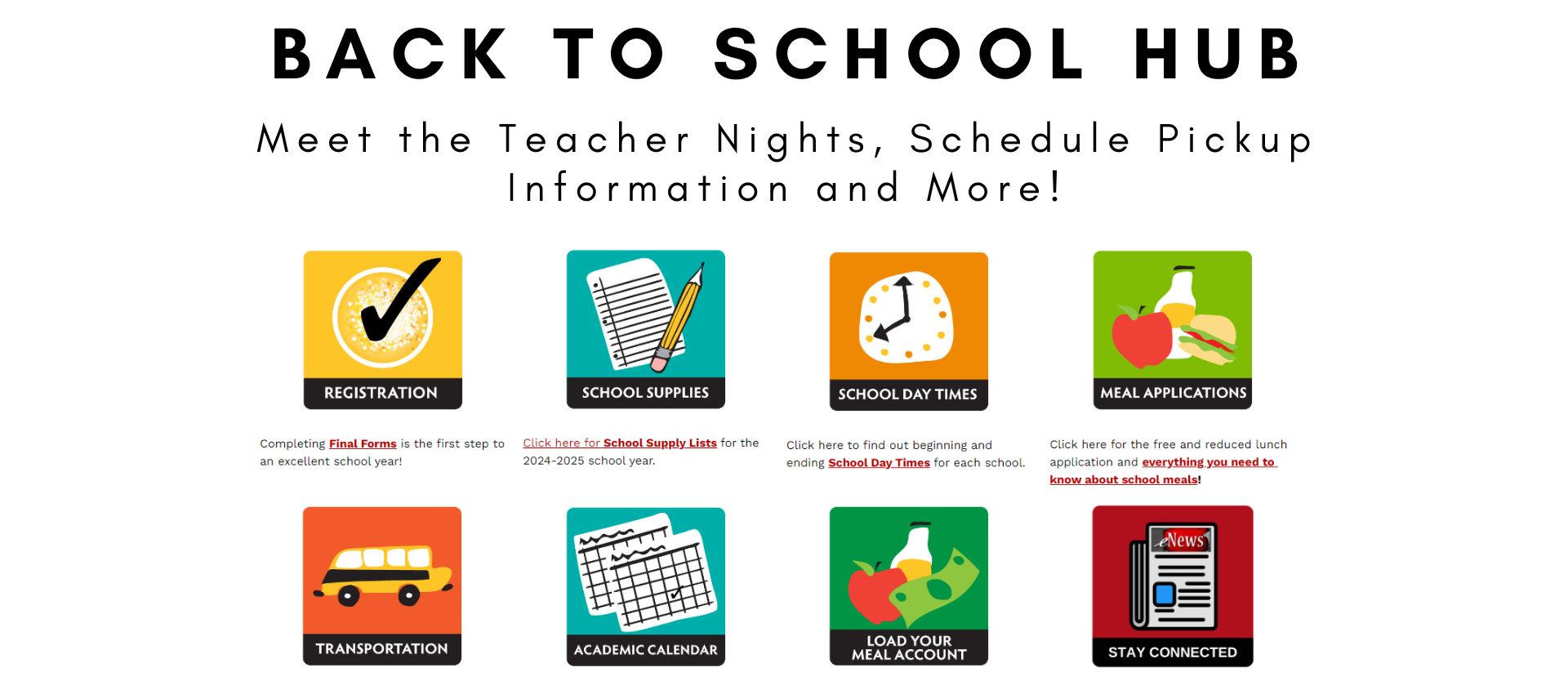 Back to School Hub graphic with small icons for registration, school supplies, school day times, etc.